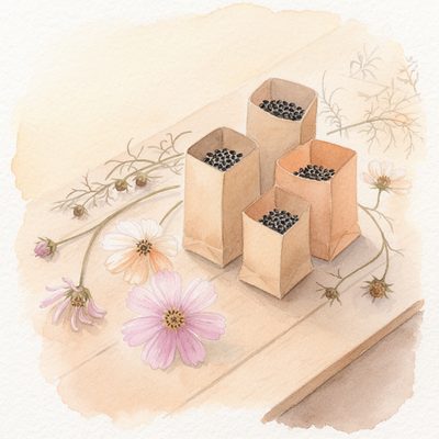種袋とコスモスの水彩イラスト